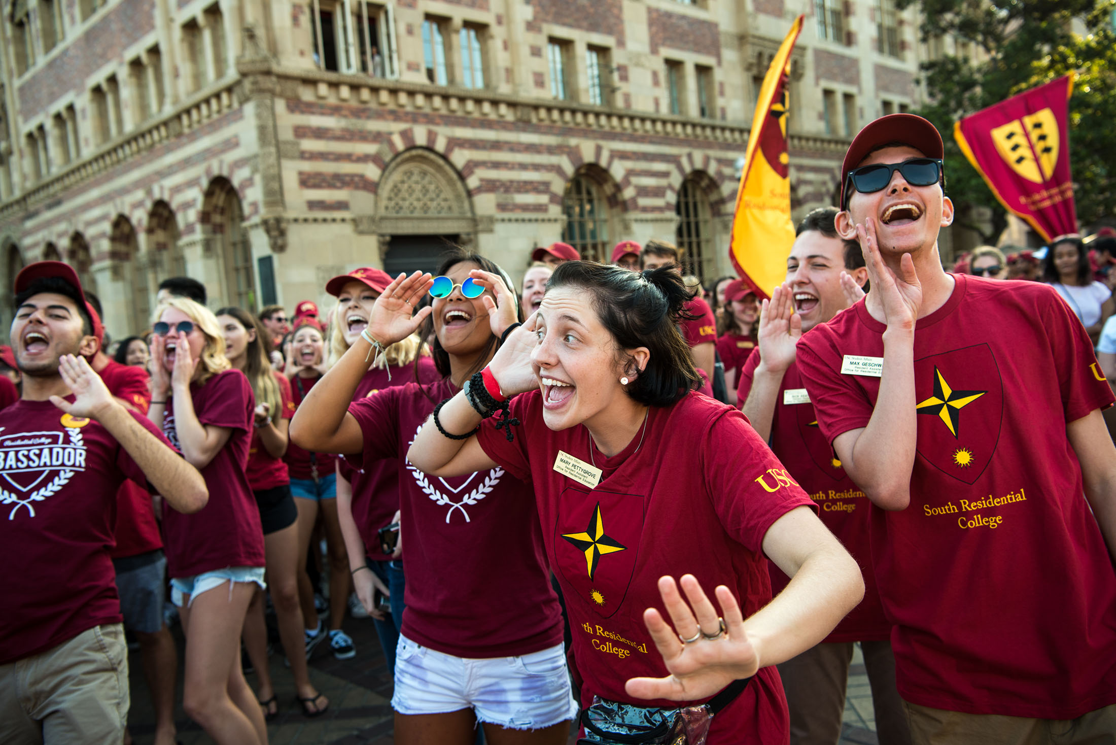 Students from South Residential College yell a cheer at the Residential College Spirit Rally at USC, Friday, August 18, 2017. (USC Photo / Michael Owen Baker)