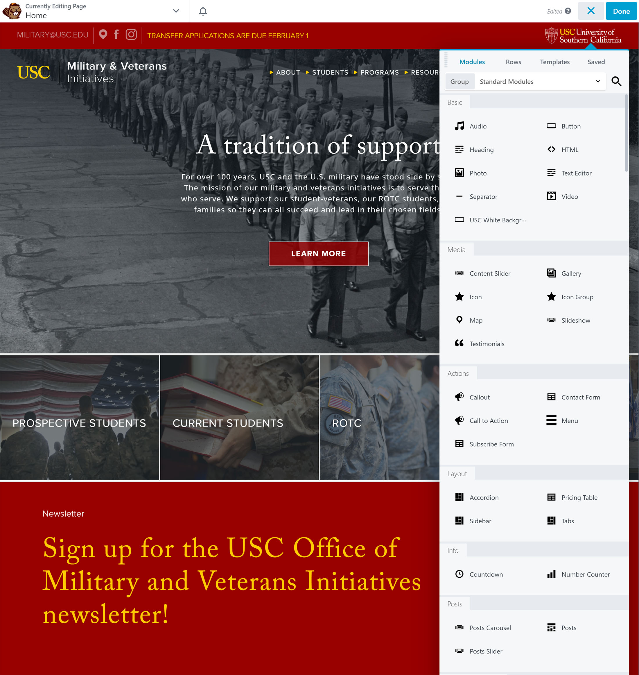 Screen capture of example USC Tommy's Theme website with Beaver Builder design panel.