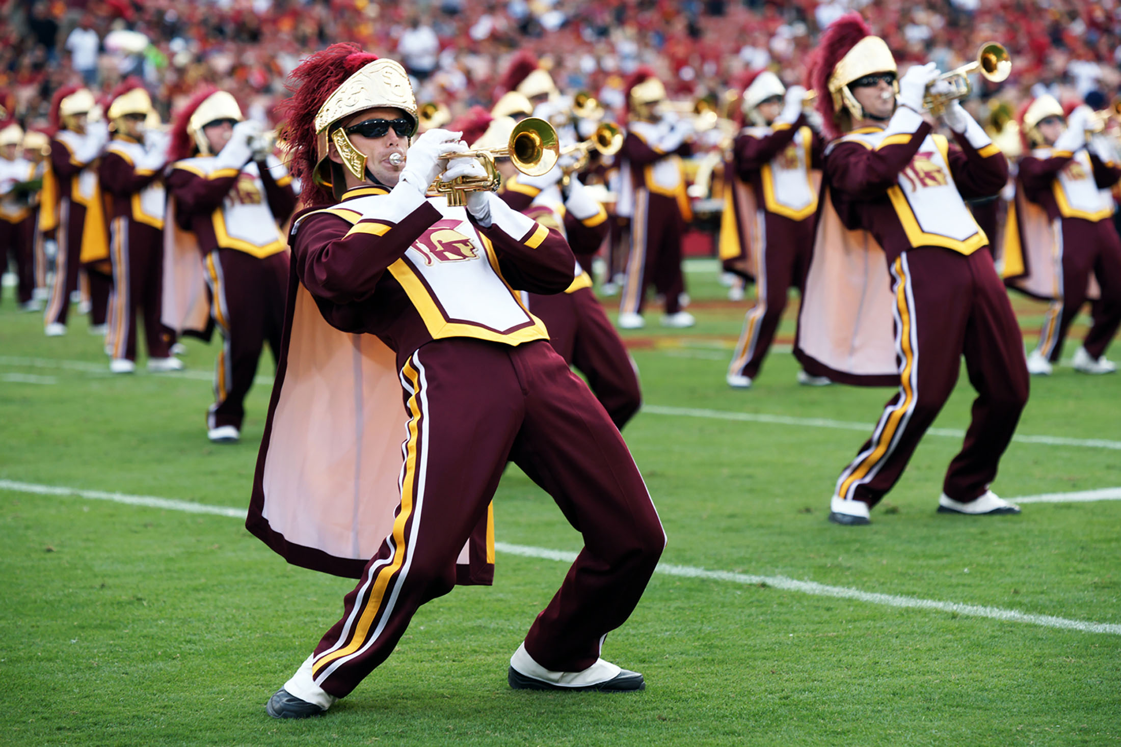 USC band playing at a football game.